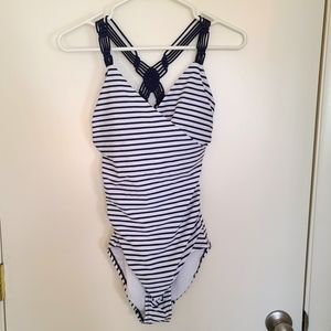 Kona Sol Nautical Striped Macrame Trim One Piece Swim Suit Med